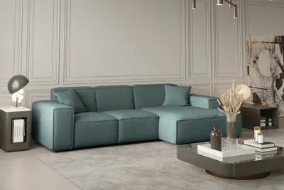 Produktbild von Ecksofa Designersofa CELES in Stoff Opera Velvet Petrol Ottomane Rechts