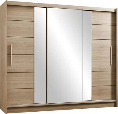 Produktbild von BETTSO Kleiderschrank Schwebetürenschrank mit Spiegel Kleiderstange Garderobe für Schlafzimmer Kinderzimmer oder Wohnzimmer BAMAS II 250 Eiche Sonoma