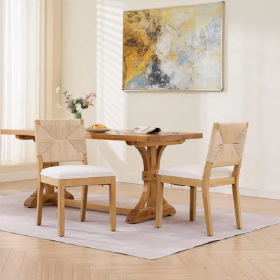 Zdjęcie produktu dla Zestaw dwóch krzeseł do jadalni, styl mid-century, rattan/sznurek, drewno, oparcie z plecionką, tapicerowane, materiał: len