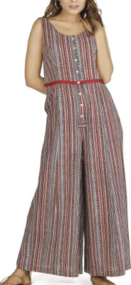 Zdjęcie produktu dla Letnie spodnie ogrodniczki, styl etno Boho Oversize Jednoczęściowy kombinezon, kombinezon z nadrukiem blokowym - rdzawoczerwony, damski, bawełna, rozmiar: M