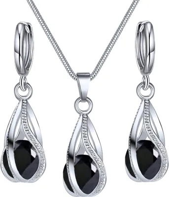 Produktbild von Silbernes Schmuckset mit Tropfenform für Damen, Zirkonia, Tropfenform, baumelnde Ohrringe und Halskette, Set für Hochzeit, Brautaccessoires