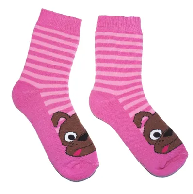 Produktbild von Kinder Plüsch Socken Thermo Voll Frottee aus Baumwolle Charly der Hund Pink Größe 31-34