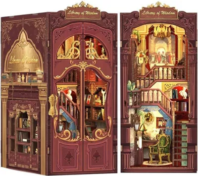 Immagine prodotto di Habarri | DIY Book Nook - Biblioteca della saggezza - Puzzle 3D - Kit casa in miniatura con mobili e luce LED - Kit Angolo Libri