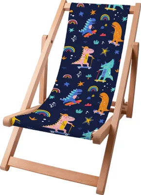 Produktbild von Dreamroots Kinder Liegestuhl klappbar Holz bis zu 130 kg, Sonnenliege klappbar mit 3-stufiger Neigungsregulierung der Rückenlehne, Skater Dinosaurs