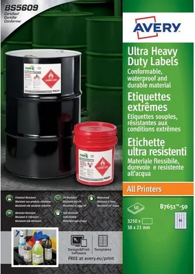 Produktbild von Avery - Label B7651-50 38x21mm Polyethylen weiß 3250 Etiketten | 5 Stück