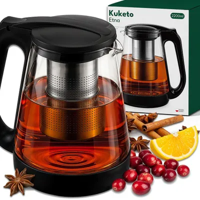 Zdjęcie produktu dla Kuketo | Szklany czajniczek 2,2 l z sitkiem ze stali nierdzewnej - żaroodporny zaparzacz do herbaty, ziół i naparów - duża pojemność i elegancki design