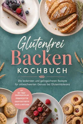 Produktbild von Glutenfrei Backen Kochbuch: Die leckersten und gelingsicheren Rezepte für unbeschwerten Genuss bei Glutenintoleranz - inkl. 30-Tage-Ernährungsplan, Grundrezepten, Sauerteigstarter, Brote & Brötchen