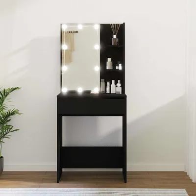 Productafbeelding van Wandkaptafel – Zwarte Make-uptafel met LED Verlichting Rondom Spiegel – Compacte Toilettafel 60x40x140 cm