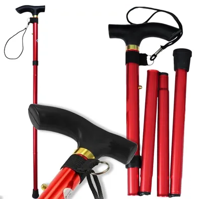Zdjęcie produktu dla Laska inwalidzka ortopedyczna składana aluminiowa lekka regulowana 85 do 92 cm ergonomiczna czerwona podpora do chodzenia