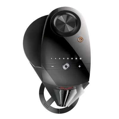 A black electronic device, possibly a fan or air purifier, against a white background.