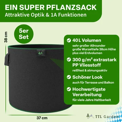Produktbild von TTL GARDEN Pflanzsack 40L – 5er Set Stofftöpfe aus Filz & Vliesstoff