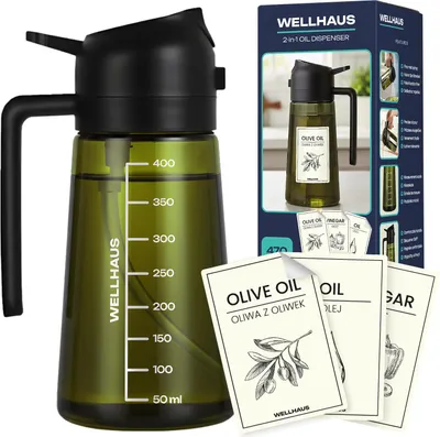 Zdjęcie produktu dla WELLHAUS Dozownik oliwy z oliwek i rozpylacz oleju 2 w 1 – szklany dozownik oliwy o pojemności 470 ml z ochroną przed promieniowaniem UV, nieprzepuszczający światła, nalewak do oliwy i butelka z rozpylaczem do frytkownicy na gorące powietrze, kuchni, gotowania, smażenia, sałatek, grillowania i BBQ (czarny)