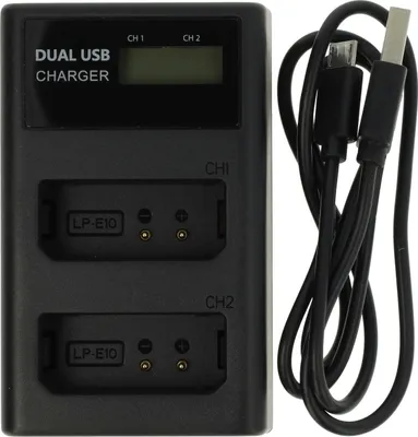 Produktbild von vhbw Dual Micro-USB + USB-C Ladegerät kompatibel mit Canon EOS 1100D, 2000D, 1200D, 4000D, 1300D, Kiss X50 Kamera - Ladeschale + USB-C Kabel + Display