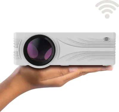 A hand holding a white projector with a Wi-Fi symbol in the upper right corner.