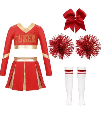 Zdjęcie produktu dla Błyszczący kostium cheerleaderki dla dziewczynek - strój do tańca i na imprezę (rozmiar 140 cm) na karnawał, Halloween i bal przebierańców