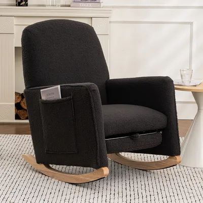 Produktbild von AIORBER Schaukelstuhl, Wollstoff, weich und bequem, mit Fußhocker und Armlehnen, Seitentaschen,  für Wohnzimmer, Schlafzimmer, 67x126x98cm, Grau