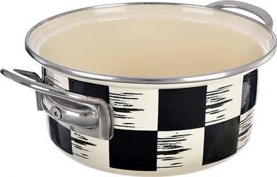 A close-up, studio shot of a black and white checkered enamel pot with silver handles.