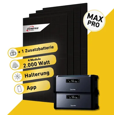 Produktbild von Balkonstrom Balkonkraftwerk 2000W Solaranlage mit Speicher | 1xZusatzspeicher | 4xSolarmodul Bifazial | Hoymiles HiBattery 1920 AC | Kabel 10m