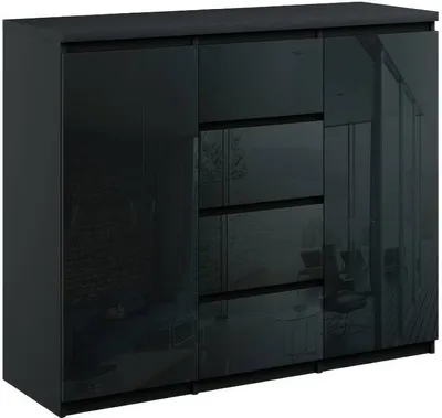 A black high-gloss dresser with four drawers and two cabinets.