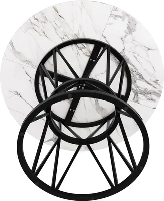 The underside of a round table with a marble-like top and a black metal base.