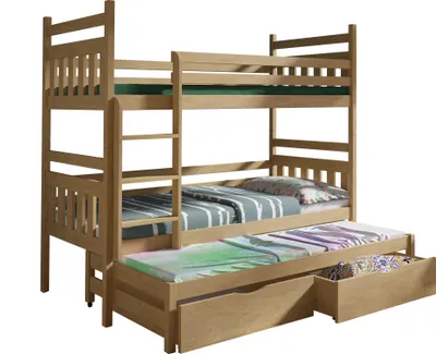 Produktbild von KEF Lena Etagenbett Kinder Etagenbett 3 Personen Holz Kinderbett mit Schubladen mit Matratze 90x200 cm Eiche