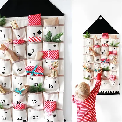 Produktbild von Adventskalender mit 24 Taschen, Stoff Kalender befüllbar, Weihnachtskalender zum befüllen Weihnachten, Aufhängen Weihnachtlichen Ornamente (Schwarz)