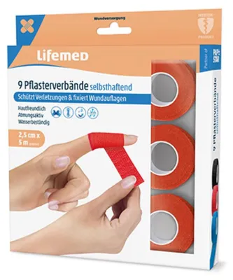 Image de 9 rouleaux de sparadrap, auto-adhésif 5 m x 2,5 cm rouge