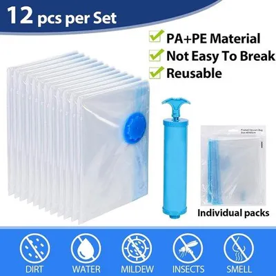 Produktbild von Famanu Vakuumverpackungsbeutel 60 x 40 cm - 12 Stück - inklusive Handpumpe - platzsparend - wiederverwendbar - für Kleidung