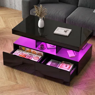 Obrázok produktu pre INONEFT konferenčný stolík s LED osvetlením, obývačkový stolík s 2 zásuvkami, lesklý konferenčný stolík s otvoreným úložným priestorom do obývačky, čierna farba