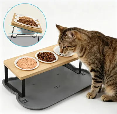 Produktbild von Erhöhter Katzennapfständer, Katzennapf Erhöht, 3er Set Futternäpfe Katze, 15° Gekippte Ergonomischer Futterstation mit Napfunterlage Silikon
