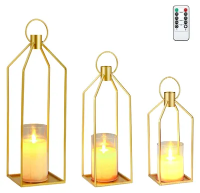 Produktbild von LED Laternen 3er Set - Moderne Metall Laternen - Flackernde flammenlose Kerzen - Tischdeko und Balkondeko - Kamin Centerpiece - Goldfarben
