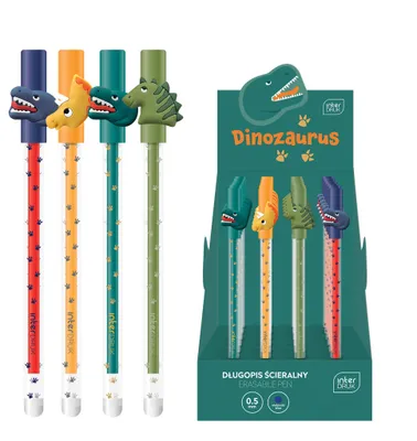 Productafbeelding van 4 stuks uitwisbare balpen met dop, dinosaurusmotieven, 4 verschillende motieven