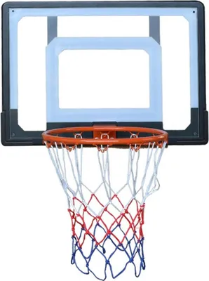 A basketball backboard with a hoop and net.
