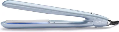 A light blue hair straightener is shown against a white background.