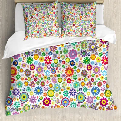 Produktbild von ABAKUHAUS Blumen Bettbezug Set, Nette Blumen-Friedenshippie-Art-blühende Blüten-Blumenblatt-Schönheits-frohe Jahreszeit, 155 x 220 cm + 80 x 80 cm, Mehrfarbig