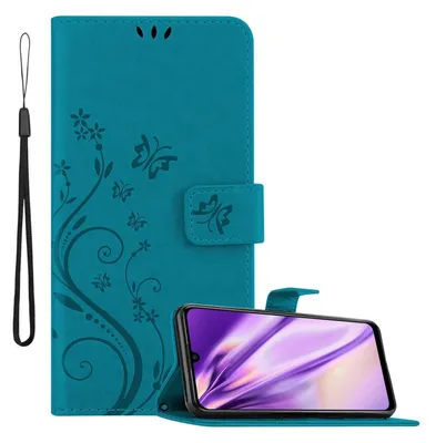 A teal flip phone case with a floral and butterfly design is shown open, with a smartphone inside.