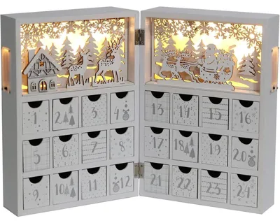 Image de Calendrier de l'Avent en bois avec tiroirs et éclairage LED, réutilisable, blanc et doré, dimensions : 21 x 11,6 x 30,2 cm