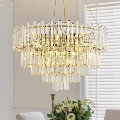Produktbild von Moderne Gold Kristall Kronleuchter, Runde Pendelleuchte aus klarem Kristall für Esszimmer, Wohnzimmer, Schlafzimmer & Restaurant, E14 x 8, ?60 cm