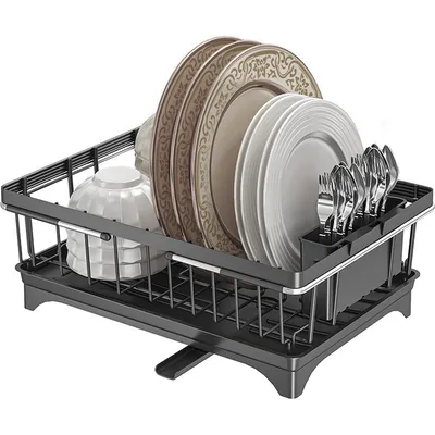 Produktbild von Geschirrabtropfgestell, Rostfreies Abtropfgestell für Küche mit großem Besteckhalter, 15" D x 11" B x 4,5" H, Schwarz