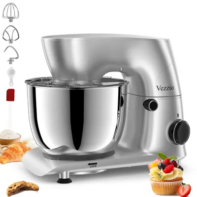 Standmixer 5,5 l Edelstahl, 10 Stufen, Rührbesen, Knethaken, silber
