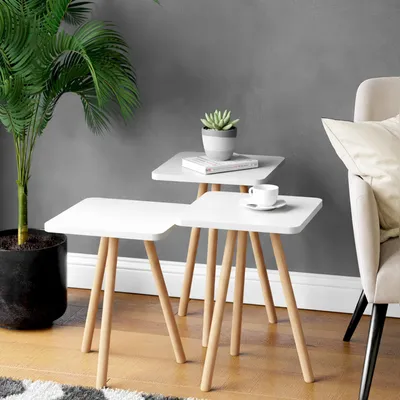 Produktbild von Carenza Home 3er Beistelltisch Set Weiß Massivholzbeine Satztisch Sofatisch Couchtisch Skandinavisch 7 Farben