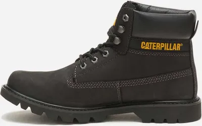 A black Caterpillar boot shown from the side against a white background.