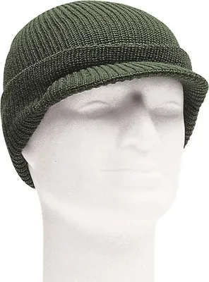 A green knitted cap with a brim, displayed on a white mannequin head against a white background.