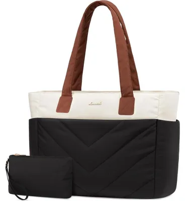 Image de Sac pour ordinateur portable pour femmes, 15,6 pouces, sac cabas, sac de travail, sac à bandoulière, noir, blanc et marron