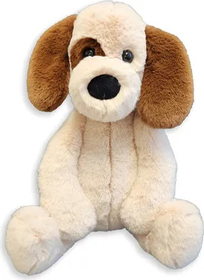 A plush toy dog sitting on a white background.