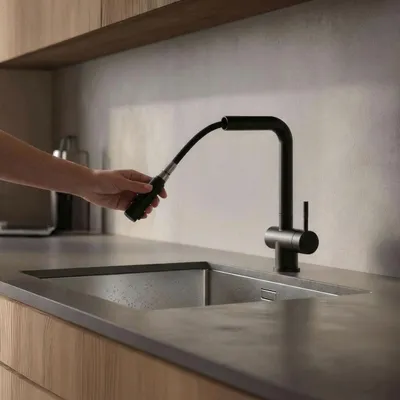 Zdjęcie produktu dla Bateria kuchenna matowa, czarna, z elastycznym wylewką, model PS8500-10, seria Pure.Sink