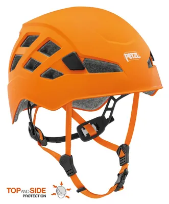 An orange Petzl Boreo climbing helmet is shown against a white background.