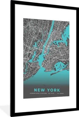 Produktbild von MuchoWow® Gerahmtes Poster New York - Stadtplan - Blau - Karte 60x90 cm - Poster mit Schwarzem Bilderrahmen Wandposter Rahmen Foto Bilder - Dekoration - Wandposter Wohnzimmer - Hochwertig