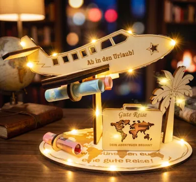 Produktbild von Geldgeschenk-Box - Flugzeug-Motiv aus Holz - Reisekasse für Urlaub - Naturfarben