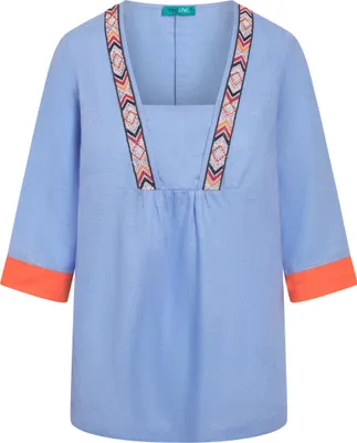 Produktbild von Edle blaue Leinen Bluse Happy mit Gold/Silber-Applikationen